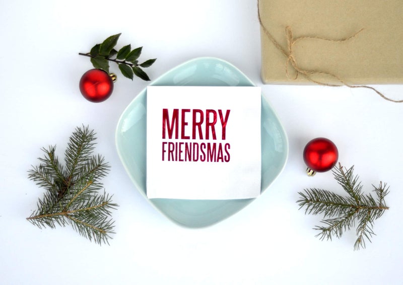 Nerdy Words Merry Friendsmas Cocktail Beverage Napkins (20 pcs) Red & Green Foil Friends Christmas Holiday Party Decorations by Nerdy Words - Image 2